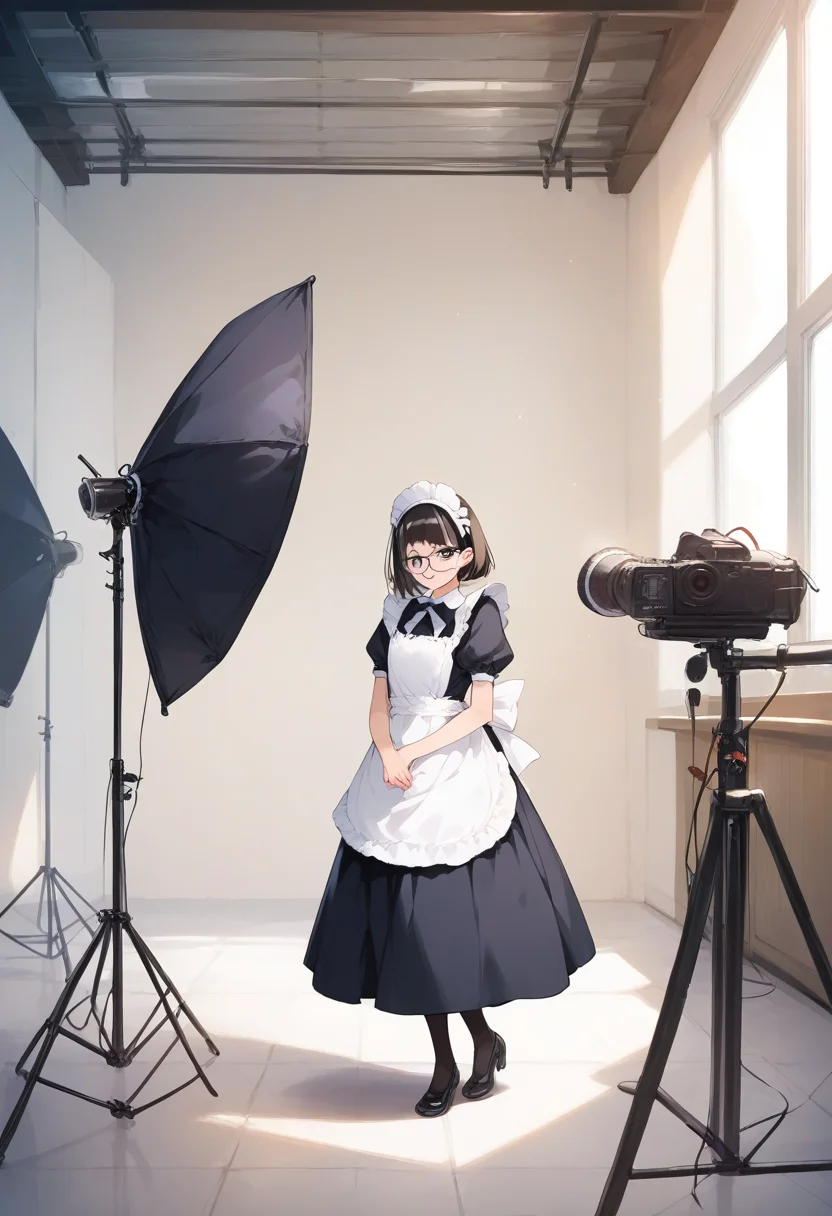 score_9, score_8_up, score_7_up, rating_safe, masterpiece, best quality, absurdres, unity 8k wallpaper, official art, official style, source_anime, uncensored, game cg, megami magazine,
1girl, solo, glasses, black hair, medium hair, maid dress, black dress, maid apron, maid headdress, standing, smile, happy, looking at viewer,
photostudio, shooting light, indoors, camera, chair, cyclorama, white cyclorama
<lora:photostudio_pony_V2:1>