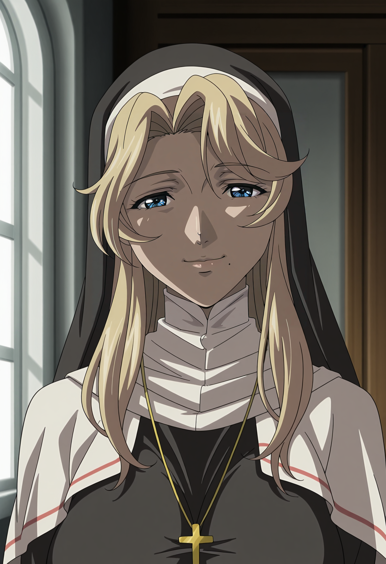 1girl,solo,mm,mature female,blonde hair,long hair,blue eyes,mole under mouth,large breasts,anime coloring,
nun,habit,upper body, looking at viewer, smile,indoors
,masterpiece,best quality,amazing quality,<lora:Dark_Chapel_ix:0.8>