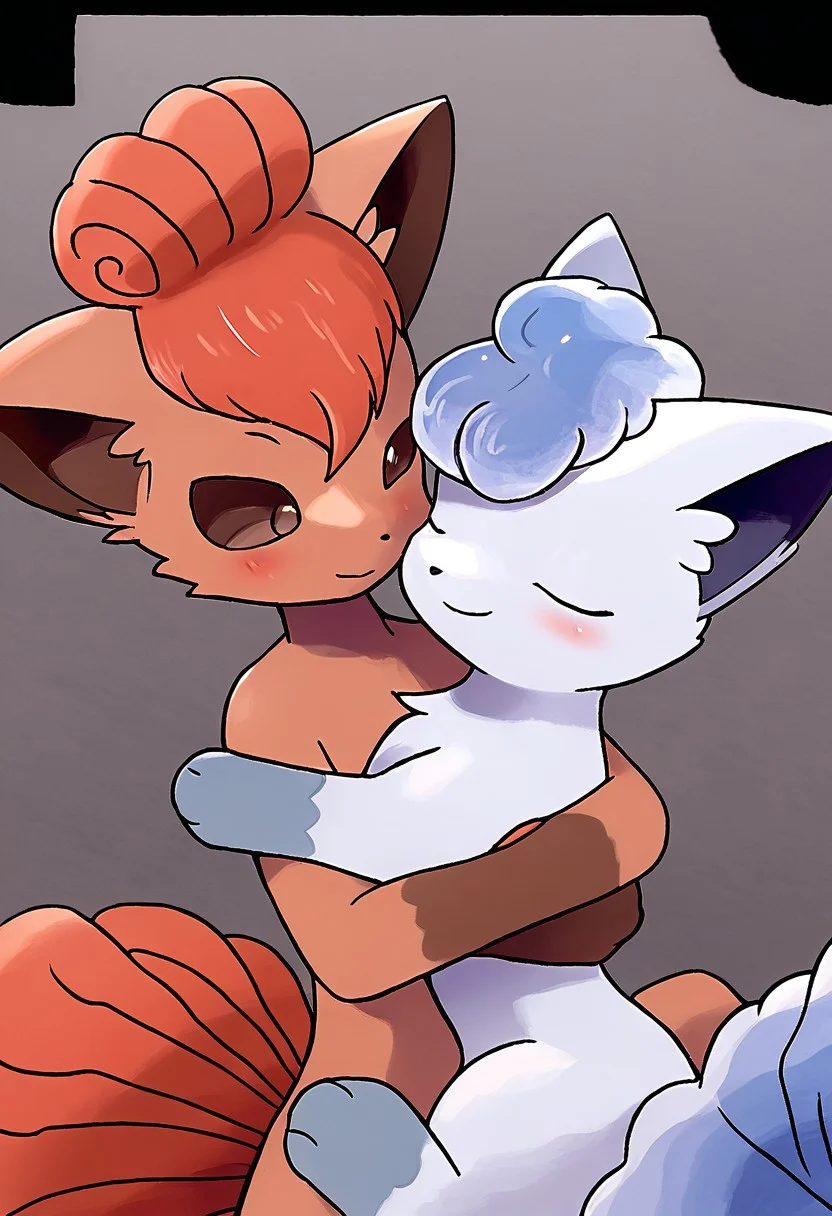 Best quality, 1girl Vulpix, 1boy Alolan Vulpix, hugging each other, pokemon_journeys