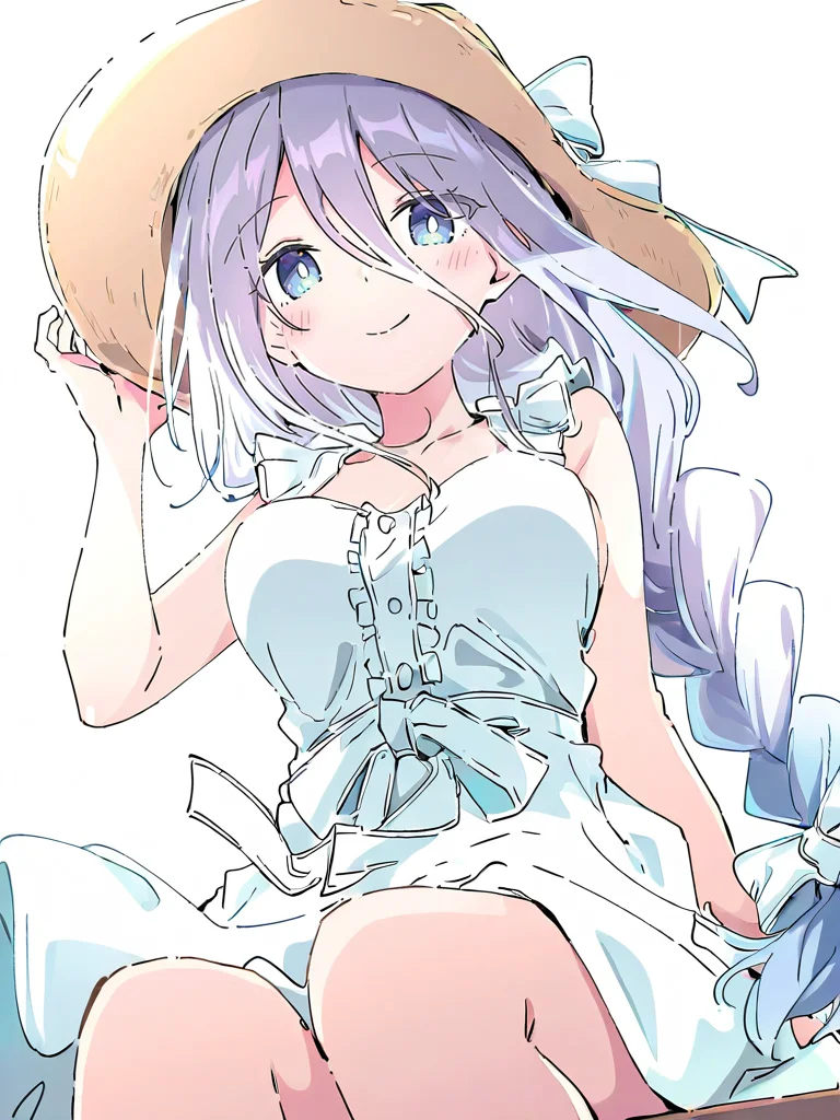 1girl,looking at viewer,smile,solo,,simple background,white background,cowboy shot,sitting,from below,hat,takamiya,breasts,<lora:takamiya-000010:1.2>, masterpiece, best quality, very aesthetic, absurdres,newest, incredibly absurdres,, ,(Ixy:0.6)),(hiten \(hitenkei\):0.7),