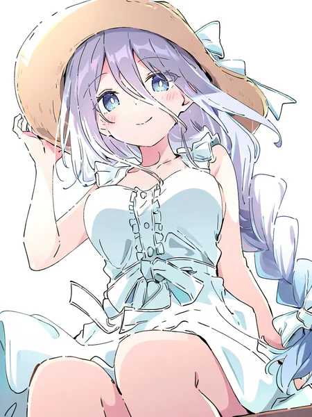 1girl,looking at viewer,smile,solo,,simple background,white background,cowboy shot,sitting,from below,hat,takamiya,breasts,<lora:takamiya-000010:1.2>, masterpiece, best quality, very aesthetic, absurdres,newest, incredibly absurdres,, ,(Ixy:0.6)),(hiten \(hitenkei\):0.7),