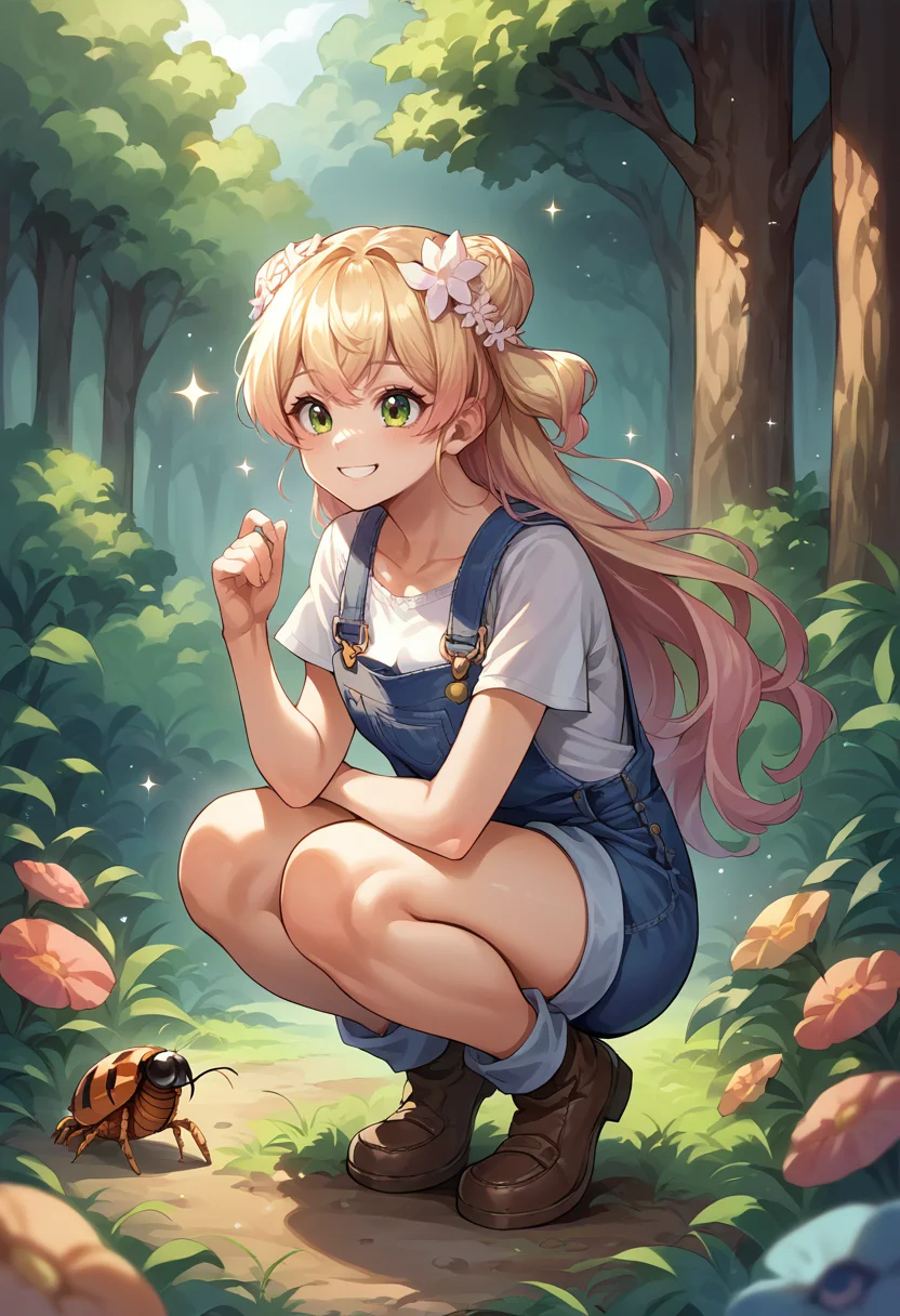 score_9, score_8_up, score_7_up, source_anime, 1girl, solo, MomosuzuNene, long hair, double bun, hair flower, overalls, smile, :d, sparkles, outdoors, squatting, looking at beetle, beetle, forest, <lora:ChamMomosuzuNenePonyXL:1>