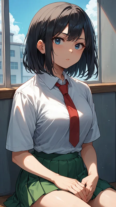 score_9,score_8_up,score_7_up,score_6_up, <lora:xl_more_art-full_v1:0.5>, source_anime, girl, dynamic pose, resting head on hands, <lora:Yui Kodai (Rule) - Pony-000004:0.8>, black hair, medium hair, blue eyes, school uniform, white shirt, red necktie, pleated skirt, green skirt, school,