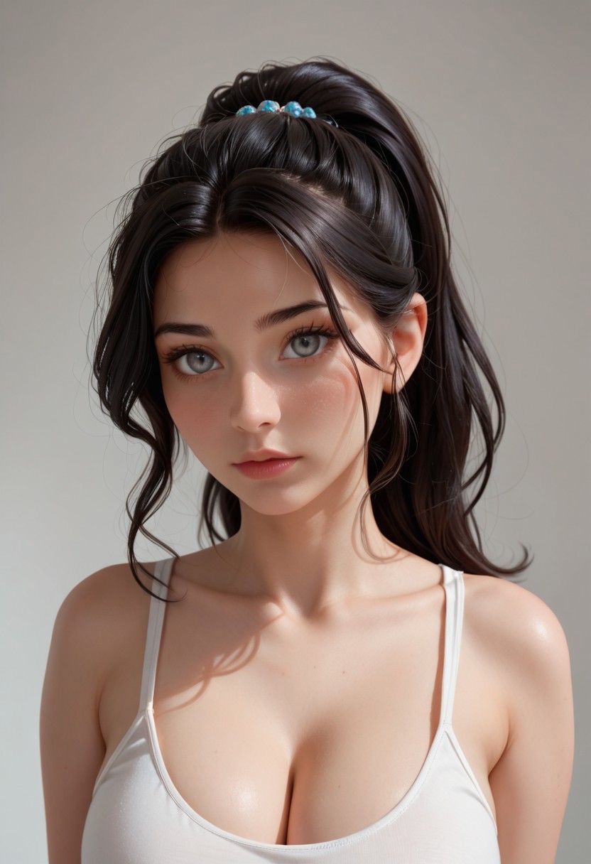 score_9, score_8_up, score_7_up, score_6_up, score_5_up, score_4_up, Jasmine, Expressiveh, real skin,, beautiful, high res image, detailed eyes, Beautiful eyes. Perfect pupils, high gradient eyes, high definition eyes, environmental lighting, perfect eyes, perfect hands, five finger, no extra hands and finger, black hair, high ponytail, grey eyes, vieny breast, big breasts, standing, white background, white tank top, empty background, framed head to cleavage, closeup