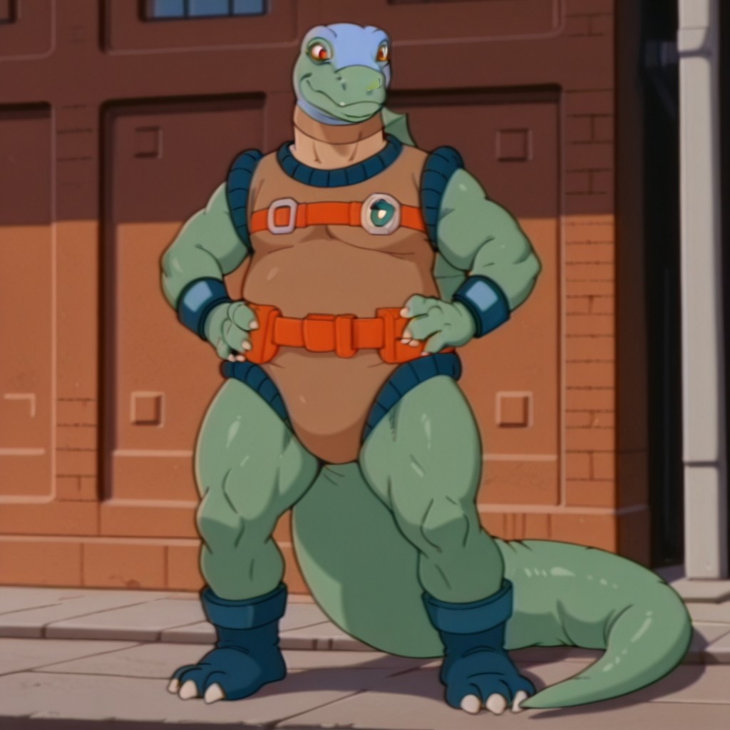 masterpiece, best quality, amazing quality,  DimetroDsil, anthro, male, Dimetrodon, green skin, orange eyes, light blue face mask, tan bodysuit, blue trim, orange belt, blue wristband, blue boots, claws, back sail, outside, standing, hands on hips, solo, 1boy, <lora:e2ebe1ee-5344-4882-ae7f-91cb7d3ce89f:1.0>