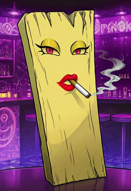 Pl4nk, pl4nk, pokemon (creature), Masterpiece, highest quality, 1girl, high quality, looking at viewer, cigarette in mouth, lipstick, (solo:1.2), (no humans:1.2), strip club background,