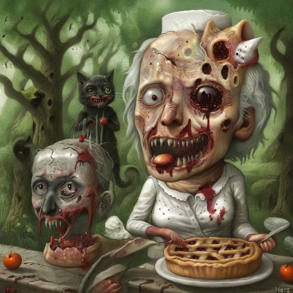 Nasty granny and cat eating pies, open mouth, rotten skin, by Chris Mars <lora:Jimmy_Alonzo:1> <lora:Chris_Mars:1> <lora:zkeleton:1>