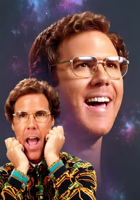 portrait of will Farrell with glasses, double exposure effect, a80psdxl, <lora:a80psdxl:1>, dark background