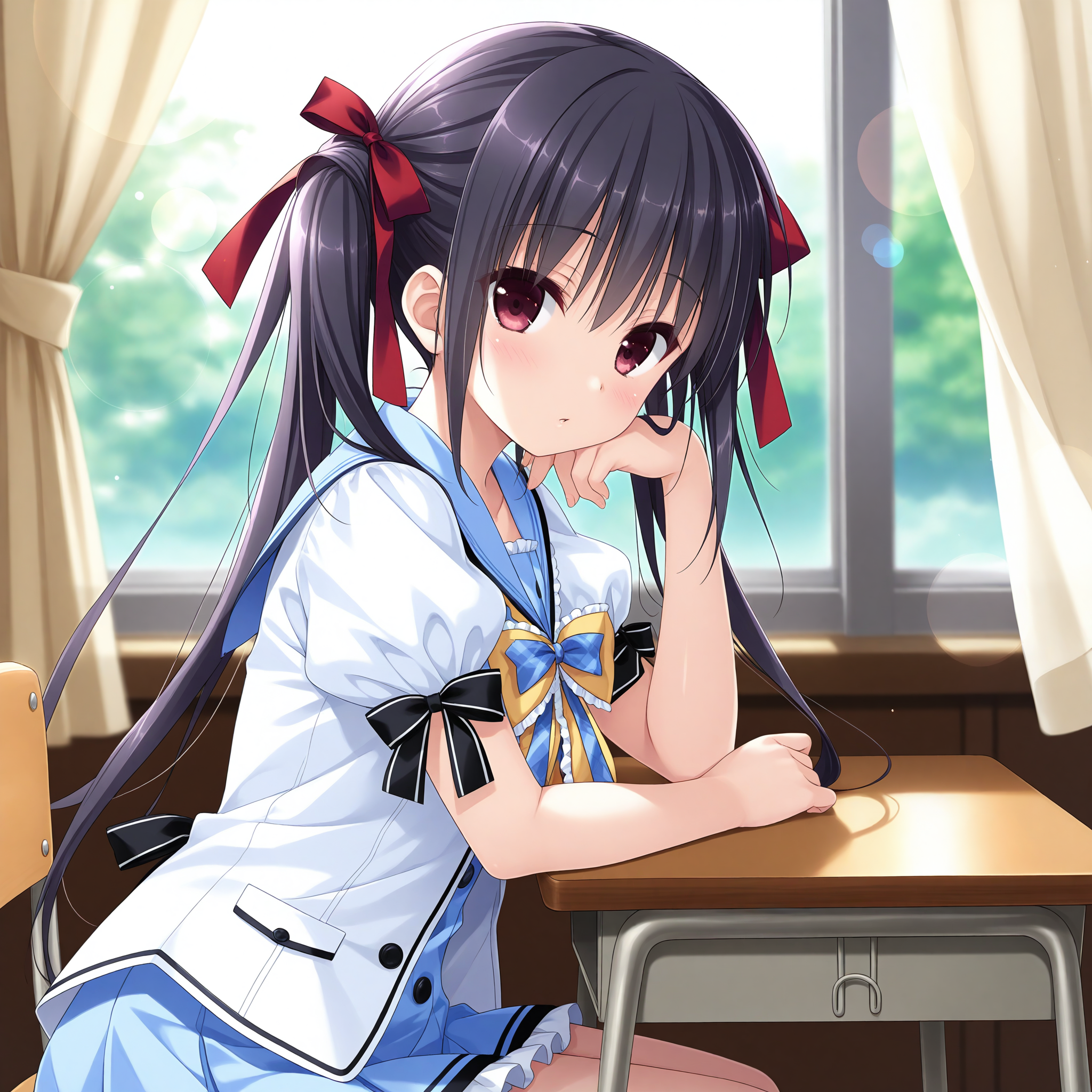 <lora:Kumari_Kotobuki_1_nai-000045:1>,Kumari Kotobuki,twintails,hair ribbon,red ribbon,
school uniform,blue skirt,pleated skirt,miniskirt,blue bowtie,yellow bowtie,frilled bowtie,sleeve bow,black bow,frilled skirt,blue sailor collar,blue shirt,white jacket,puffy short sleeves,
BREAK
1girl,solo,looking at viewer,sitting,from side,arm support,on chair,desk,indoors,window,curtains,day,arm on table,depth of field,lens_flare,