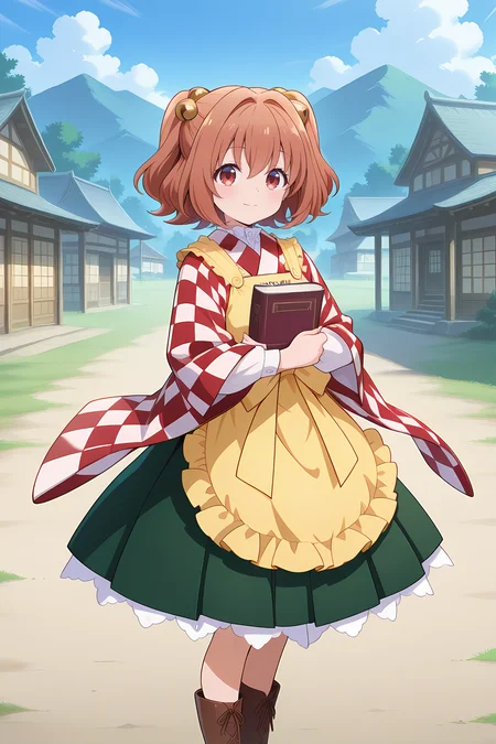 absurdres, highres, masterpiece, best quality, amazing quality, official anime artwork, screencap, anime screencap, outdoors, looking at viewer, dynamic pose, village, light smile, 
 <lora:Kosuzu-Motoori_Illustrious:1> motoori kosuzu, 1girl, solo, brown eyes, brown hair, twintails, short hair,, bell, checkered kimono, wide sleeves, yellow apron, green skirt, brown boots, holding book,