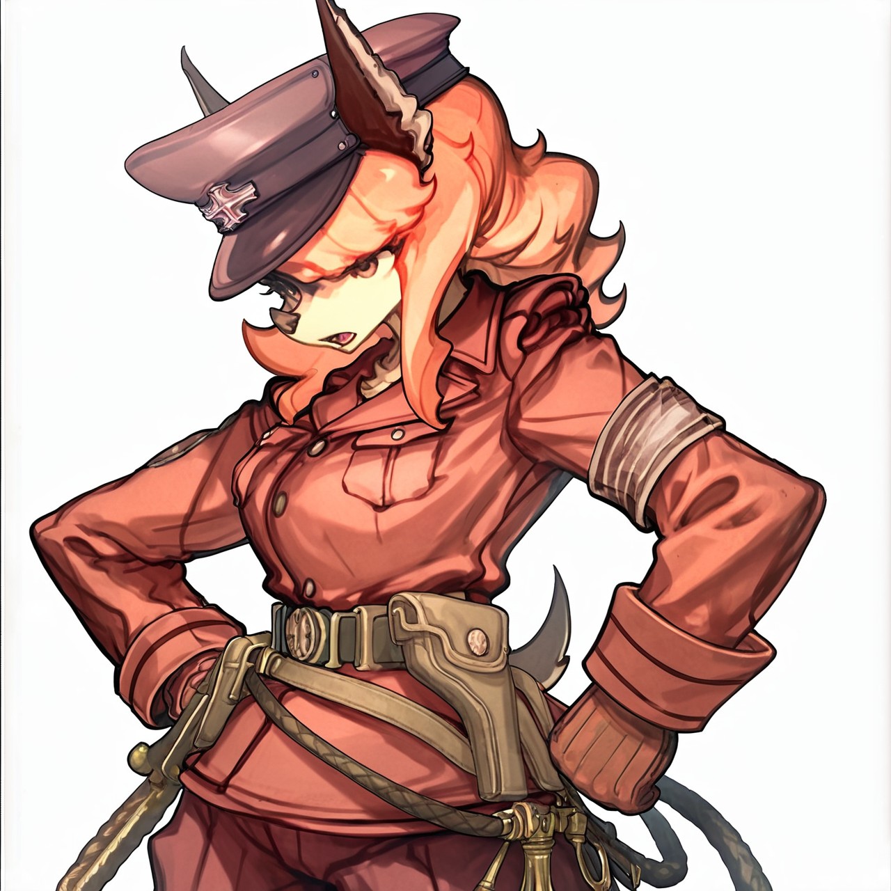 score_9,score_8,score_7,source_furry,
<solo:1.5>,
<1girl:1.5>,
flam_kish, dog girl, flam_fuga, red hair, 
official style, official art,
( art by fisticuffs club ) ,,
flam_kish_fuga, flam_kish, flam_fuga, dog girl, official art, official style, 1girl, solo, hat, hand on hip, gloves, uniform, horns, belt, furry, long hair, white background, military, gun, military uniform, pouch, furry female, open mouth, simple background, buttons, military hat, armband, long sleeves, weapon, orange hair, peaked cap, animal ears,
 <lora:Flam_Kish_Fuga:1> flam_kish