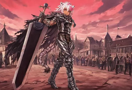 masterpiece, very aesthetic, anime screenshot, 1girl, Pink_PonyXL, DragonSlayerSword-Il.V1.0, white tiger striped armor, white tiger striped shoulder armor, gauntlets, greaves, bandaged arm, white tiger striped cape, torn cape, bright pink hair, cat ears, scar on nose, cat bell around neck, tanned, white tiger tail, small breasts, femine body, smiling, making a cute cat face, single fanged tooth showing, standing, looking at viewer, side view, wielding-dragonslayer, huge weapon, sword, holding sword, holding weapon, full body, zoomed in on pink_ponyxl, Dutch angle, cowboy shot
Break
City square, bright and sunny, happy adoring crowd,