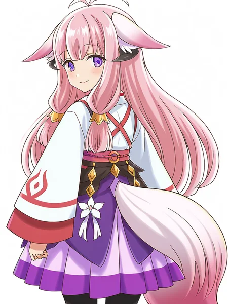 score_9, score_8_up, score_7_up,
1girl, hina rf, long hair, pink hair, purple eyes, low-tied sidelocks, horns, fox ears, fox tail,
standing, white background, from behind, looking back, looking at viewer, smile,
japanese clothes, white shirt, long sleeves, purple skirt, pantyhose, solo,
