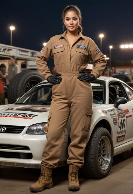 (medium full shot) of (burly mechanic) young woman, mexican, brown eyes, medium skin tone, ebony skin, brown eyes, full-figured build, extra long hazel bun hair, wearing a brown coverall,cargo pants,heavy-duty sneakers, gloves, dirty with oil and grease, set in Pit Stop, open area with a race car on a lift, tool chests on wheels, spare tires stacked nearby, fuel cans lined up, a computer for tracking lap times, a board with the race schedule, at night, woman smiling at the viewer, Masterpiece,best quality, photorealistic, amazing quality, very aesthetic, extremely detailed face,