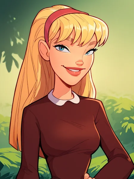 <lora:NatPony2.0:1> nat, thick lips, hairband, blonde hair, long hair, 1girl, solo, breasts, dress, smile, outdoors, looking at viewer, hand on own hip,long long sleeves,upper body, lips,  score_9, score_8_up, score_7_up, score_6_up, score_5_up, score_4_up