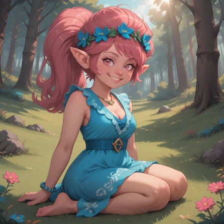 score_9, score_8, BREAK, solo, cleavage, Poppy_(\Trolls\), pink skin, pink hair, pink nose, ponytail, pink eyes, pointy ears, bracelet, hair flower, head wreath, cyan dress, barefoot, sexy pose, smile, outdoors, sunlight, shadows, evening lighting, natural lighting, forest, trees, grass, orange sky, sunset, sitting, soles