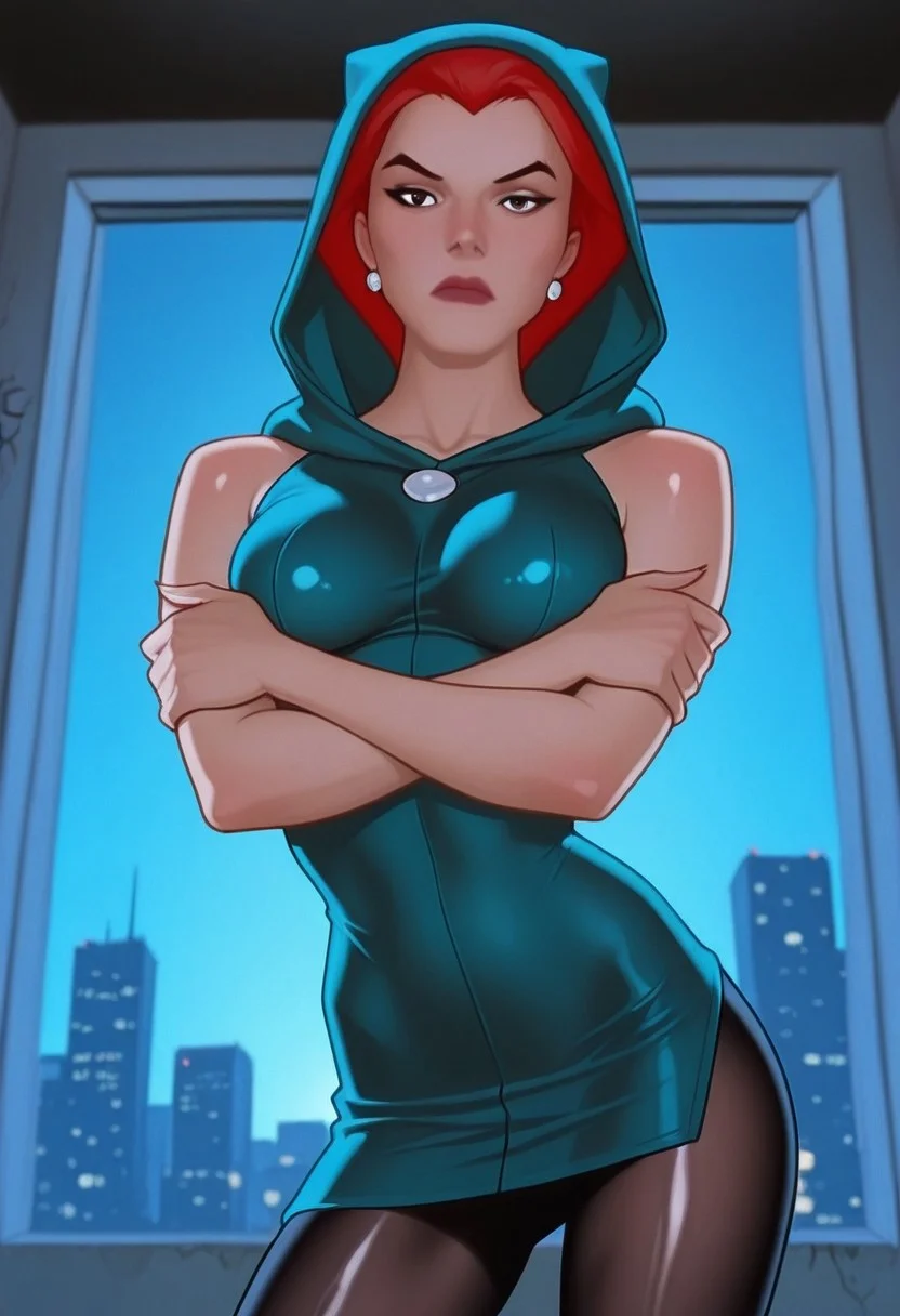 (ahstyle), close up, masterpiece, best quality, detailed, realistic, cowboy shot, front view, dutch angle, looking at viewer, serious, (doubtful:1.2), marymcginnis, short hair, solo, red hair, jewelry, earrings, lipstick, (green microdress:1.3), oiled pantyhose, black pantyhose,(skinny), (svelte), (medium perky breasts), hoodie, hood up, ((upper body)), (contrapposto:1.3), crossed arms, graffiti, at night, high detail, sidelighting, backlighting, depth of field, shiny skin, glistening skin, glossy skin, oiled skin, (from below), (dark futuristic city:1.2),