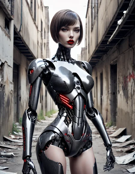 A photo of a slender female cyborg with red lips, standing in an abandoned alley, ready to fight, with wide hips and a skinny frame, while flirting with the camera. (robot:1.3), debris, blurry, reflective metal, from above, short hair, made of ral-carbonfiber <lora:ral-carbonfiber:1> ral-carbonfiber landscape