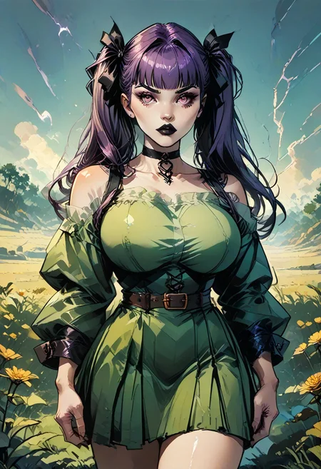 score_9, score_8_up, score_7_up, commix style, Expressiveh,
...
1girl, Morana, long twintails hair, purple hair, bright neon purple eyes, black lipstick, pale skin, busty, huge breasts, hair ornament, black rose, blunt bangs, ribbon, black ribbon, hair ribbon, choker, green corset with gold trim, off-shoulder leafy sleeves, flowing asymmetrical skirt with brown and green fabric, leather belt tied with a knot, 
...
((standing)), front view, hand on hips,
looking at viewer, dutch angle, outdoors, evening, muddy field, rainstorm, lightning, moody lighting