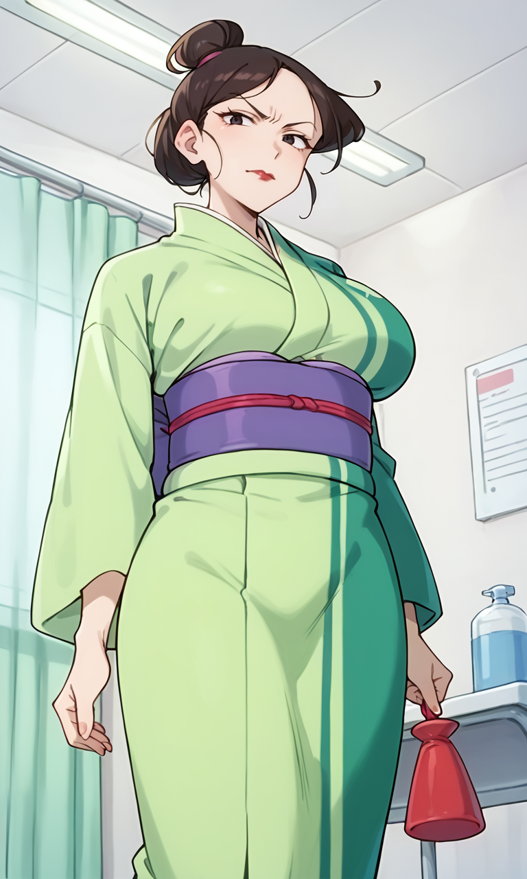 (1girl:1.5), (solo:1.3), (score_9, score_8_up, score_7_up, score_6_up, score_5_up, score_4_up), (source_anime), rating_questionable, (cowboy shot:1.3), walking, indoors, hospital,
 <lora:matsuzaka-matsu_v2:1> (matsuzaka-matsu), (frown, evil smile:1.3), (black eyes, eyelashes, dark brown hair, single hair bun, red lips), (green kimono, purple obi, huge breasts), red pouch,
 (from below:1.3)