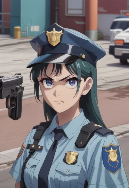 score_9, score_8, score_7, score_6,rating_safe,source_anime,1girl, maomao, green hair, long hair, blue eyes, police, police uniform, policewoman,dual pistol, angry,looking viewer, police chasing, cinematic,