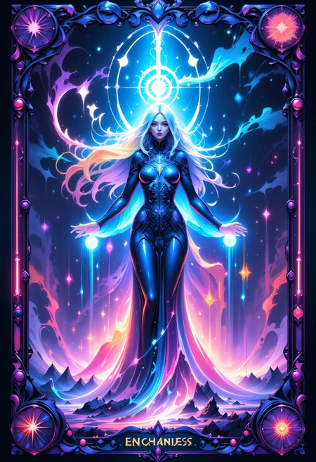 "A stylized Tarot card named 'The Digital Enchantress,' showcasing a mystical figure weaving spells from strands of glowing, holographic light. The Enchantress is draped in a gown of flowing, iridescent fabric that changes color with every movement, reflecting the vibrant hues of the digital realm around her. Her hands manipulate streams of light and energy, forming intricate, glowing symbols in the air. The backdrop is a surreal fusion of abstract, digital landscapes and swirling, neon clouds, creating a sense of magical power and technological mastery. The cardas border is adorned with delicate, floral designs intertwined with sleek, futuristic elements, all glowing softly in shades of blue and violet."
<lora:abstract_render_flux:0.4>,<lora:Painted_World_Flux:0.8>,<lora:Dreamwave_FLUX:0.6>,<lora:dreamlands_flux:0.6>,