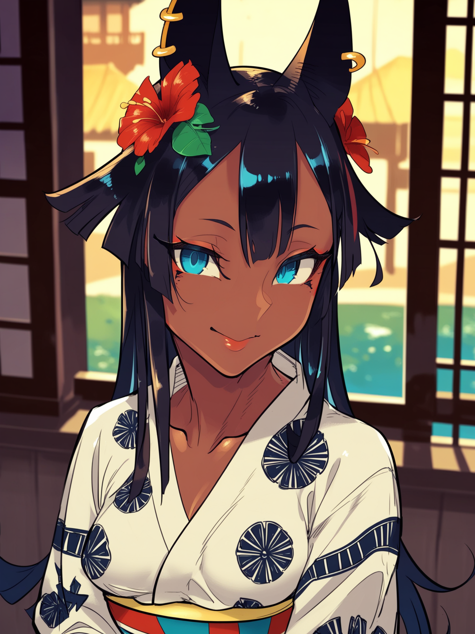 <lora:happy_tentacle-mummy-v0.2-000024:1>, ht_mummy, dark-skinned female, blue eyes, ear piercing, jackal ears, hair flaps, yukata, flower print , outdoors, 1girl, solo, upper body , , ( smile :1), , looking at viewer , , from above , score_9, score_8_up, score_7_up, score_6_up, score_5_up, score_4_up