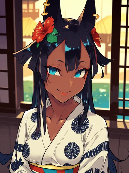<lora:happy_tentacle-mummy-v0.2-000024:1>, ht_mummy, dark-skinned female, blue eyes, ear piercing, jackal ears, hair flaps, yukata, flower print , outdoors, 1girl, solo, upper body , , ( smile :1), , looking at viewer , , from above , score_9, score_8_up, score_7_up, score_6_up, score_5_up, score_4_up