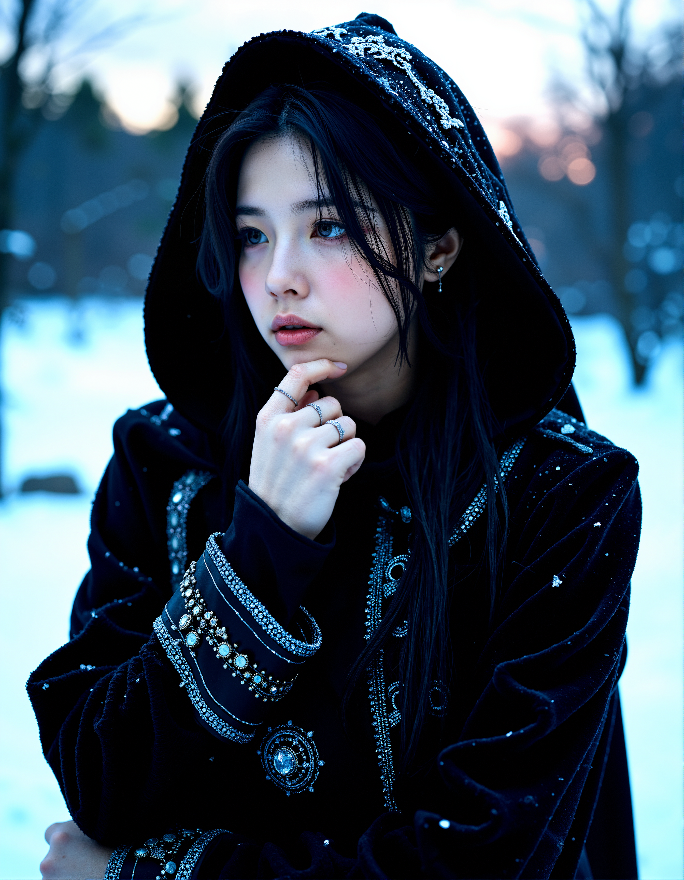 An over-the-shoulder shot focusing on her face, with the hood partially obscuring her features, adding a sense of mystery and intrigue.

"Photorealistic image of a woman wrapped in a detailed black cloak, adorned with silver jewelry and patterns, her dark hair slightly wet from the snow, and her blue eyes glowing with a quiet intensity.

Light snow gently resting on her hair, emphasizing the softness and detail of each strand, adding texture and realism. A soft, warm glow from a hidden light source, gently illuminating her face and adding contrast to the cold surroundings.

The woman stands with her head slightly bowed, her arms crossed and her fingers gently tapping her lips, lost in thought.






cinematic lighting, extremely intricate detail character, accurate depiction of character, correct body anatomy, correct hands and fingers, extremely intricate skin and facial skin texture detail, lifelike potrayal, extremely realistic lighting, extreme dynamic pose. Extremely sharp detail without blurring













