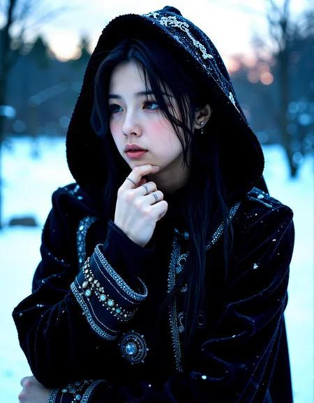 An over-the-shoulder shot focusing on her face, with the hood partially obscuring her features, adding a sense of mystery and intrigue.
"Photorealistic image of a woman wrapped in a detailed black cloak, adorned with silver jewelry and patterns, her dark hair slightly wet from the snow, and her blue eyes glowing with a quiet intensity.
Light snow gently resting on her hair, emphasizing the softness and detail of each strand, adding texture and realism. A soft, warm glow from a hidden light source, gently illuminating her face and adding contrast to the cold surroundings.
The woman stands with her head slightly bowed, her arms crossed and her fingers gently tapping her lips, lost in thought.
cinematic lighting, extremely intricate detail character, accurate depiction of character, correct body anatomy, correct hands and fingers, extremely intricate skin and facial skin texture detail, lifelike potrayal, extremely realistic lighting, extreme dynamic pose. Extremely sharp detail without blurring