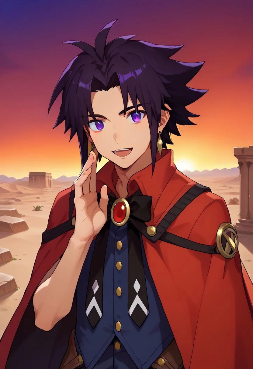 score_9, score_8_up, score_7_up, source_anime, solo, looking at you, smile,open mouth, male focus, 1boy, ruins,desert,earrings,jewelry,revin,western cowboy,1boy,magician,Libya,spiked_hair,black_hair,purple eyes,smile,cape,<lora:revin_brenten:0.9>,<lora:fireemblem_ike_ponyXL:1>,<lora:WhisperingPOV_pdxl_Incrs_v1:1> whispering, hand up