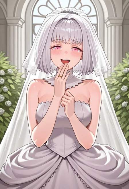 source_vanillaware,
1girl, solo,
SharonIL, Sharon Unicorn Overlord,
pink eyes, white hair, bob cut, short hair, choppy bangs, medium breasts,
ballgown, wedding dress, gold ring, ring on finger, wedding veil,
laughing, happy, blushing, looking at viewer,
wedding, garden,