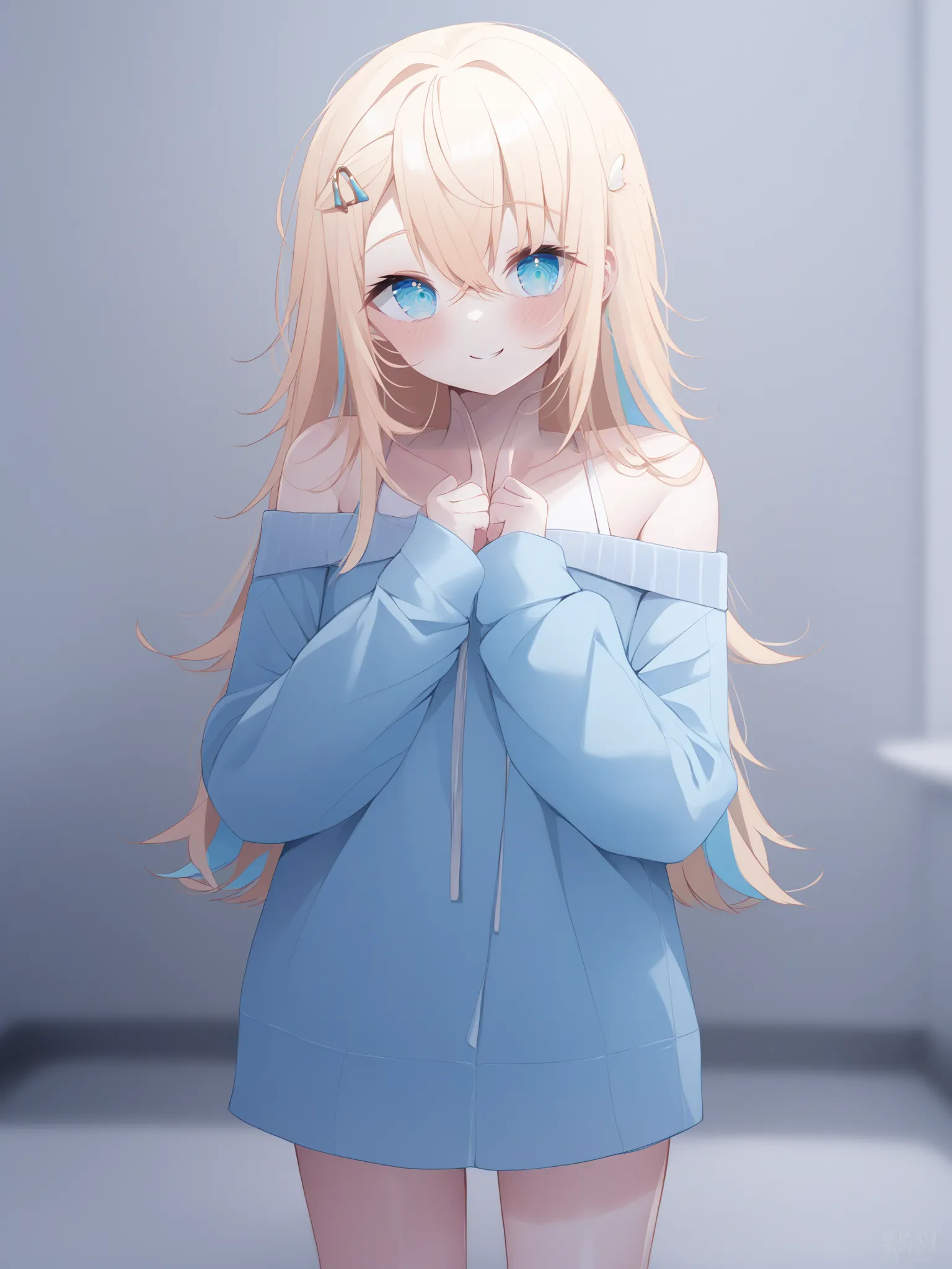 uncensored, score 9 up, score 8 up,
 <lora:deyui_Artist_Style_PonyXL:1>,blush, hair between eyes, virtual youtuber, multicolored hair, hairclip, long sleeves, bare shoulders, blue eyes, smile, 1girl, standing, looking at viewer,