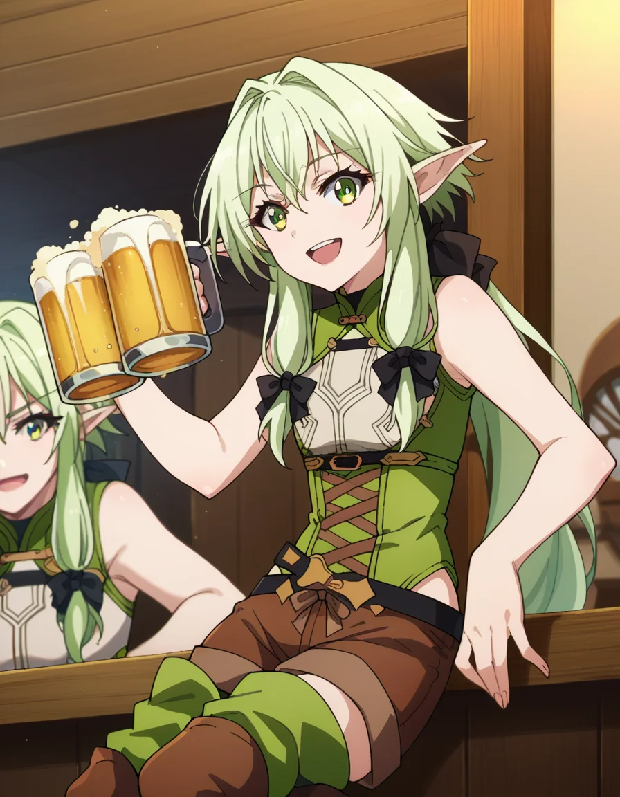 score_9, score_8_up, score_7_up, source_anime,
highelfarcher, <lora:high-elf-archer-s2-ponyxl-lora-nochekaiser:1>
high elf archer, long hair, green eyes, bow, hair bow, black bow, sidelocks, green hair, pointy ears, elf,
thighhighs, boots, shorts, sleeveless, bare arms, thigh boots, brown footwear, brown shorts,
indoors, bar, beer, mug, drinking, open mouth, smile,
looking at viewer, cowboy shot, dutch angle,