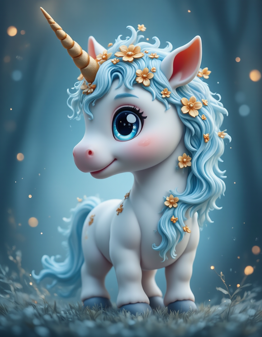 <lora:MW_Minis01flux:1> mwm01, cinematic, majestic, fantasy, T10, gold, blue, bokeh, photo of a cute fairytale unicorn. Ultra-detailed,