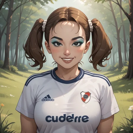 score_9, score_8, BREAK, solo, 1girl, female mii, brown hair, twintails, black eyes, black eyebrows, blue eyeshadow, makeup, blush, brown lips, lipstick, teeth, RiverPlate, striped shirt, striped, shirt, white shirt, short sleeves, clothes writing, sportswear, soccer uniform, big breasts, Yaami_(OC_Mii), plump, fat, chubby, sexy pose, self portrait, smile, looking at viewer, outdoors, sunlight, shadows, evening lighting, natural lighting, forest, trees, grass, orange sky, sunset