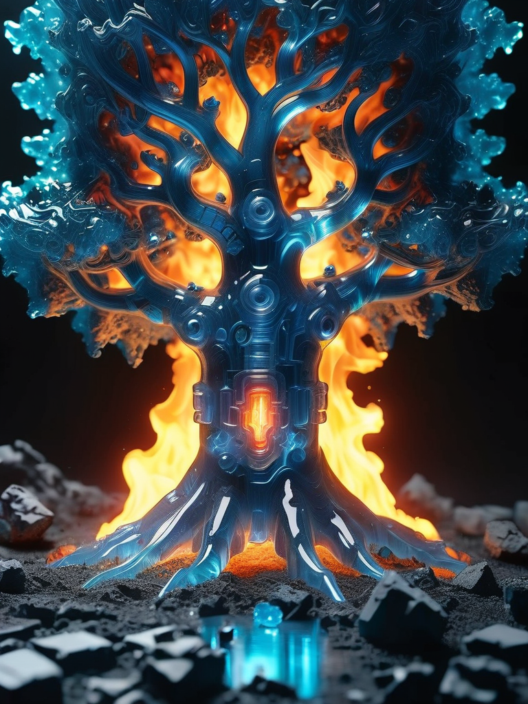 (corrupted tree fae asymmetrical robotic, vibrant upside down forest, (inside burning combat destruction bomb explosion fire cinder warfare war)) <lora:ral-blueresin-sdxl:1> made of ral-blueresin