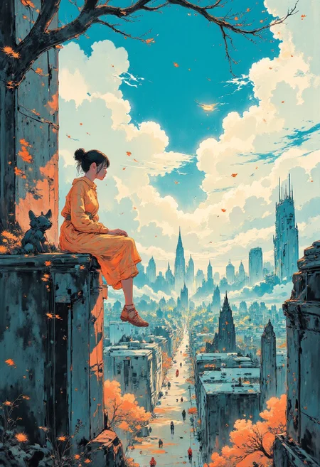 A dynamic anime-style illustration of a glamour woman sitting on the edge of a building in paris, overlooking the eiffel tower, high above the city. She has her legs stretched forward with her hands gently resting on her knees, her upper body leaning slightly forward. her cat rests next to her on the ledge. She wears a bright pink dress,  and vibrant pink sandals with white soles. Her golden blonde hair flows naturally in the breeze.
The background features a vivid urban parisian cityscape , with detailed buildings, small cars, and bustling streets far below. The perspective emphasizes depth and height, creating a thrilling and adventurous atmosphere. The color scheme is dominated by bright blue and pink tones, with orange and green elements.
The sunlight casts soft, warm shadows, enhancing the vibrant and energetic mood. The overall composition is dynamic and asymmetrical, with a strong sense of scale and movement in the scene, painted world