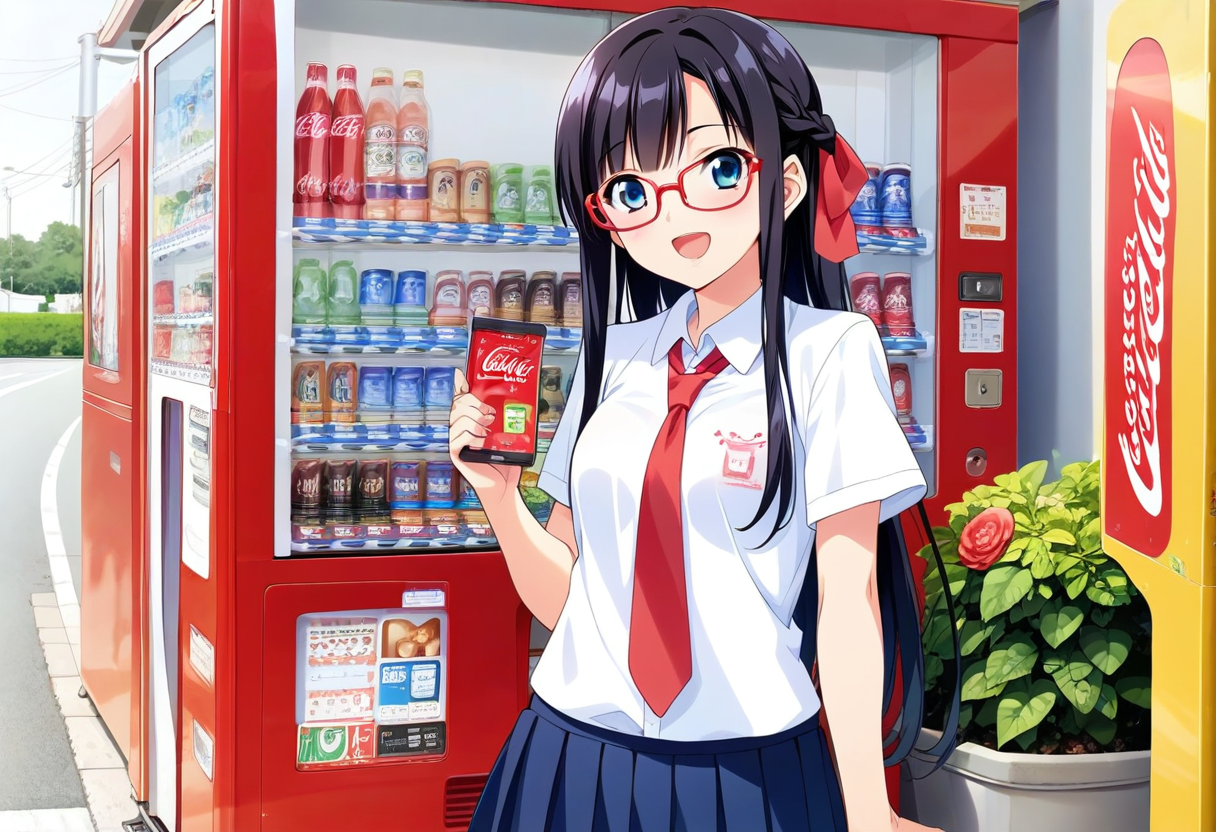 score_9, score_8_up, score_7_up, rating_safe, masterpiece, best quality, absurdres, unity 8k wallpaper, official art, official style, source_anime, uncensored, game cg, megami magazine,
1girl, solo, glasses, black hair, long hair, braid, hair ribbon, collared shirt, red necktie, short sleeves, pleated skirt, blue skirt, looking at viewer, blush, laughing, holding smartphone, standing, 
vending machine, outdoors, building, plant, road, day, coca-cola, utility pole
 <lora:jihanki_PONY_V1:0.8>