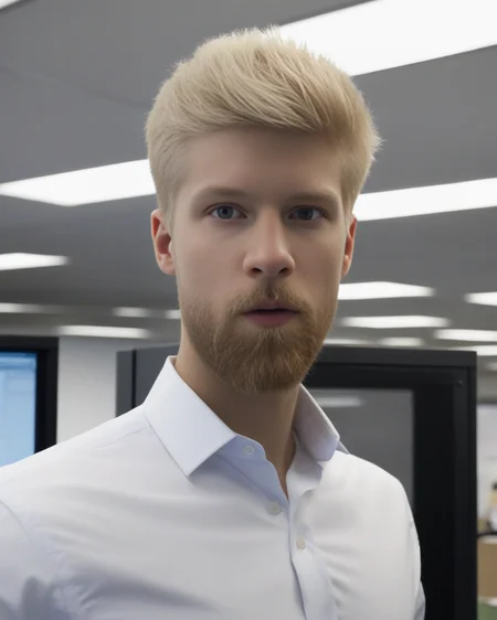 front view shot, portrait,
man, short hair,
blonde hair, blonde eyebrows, forehead,
suit, beard,
standing in office
<lora:detailedeyebrows_v0_5:0.8>