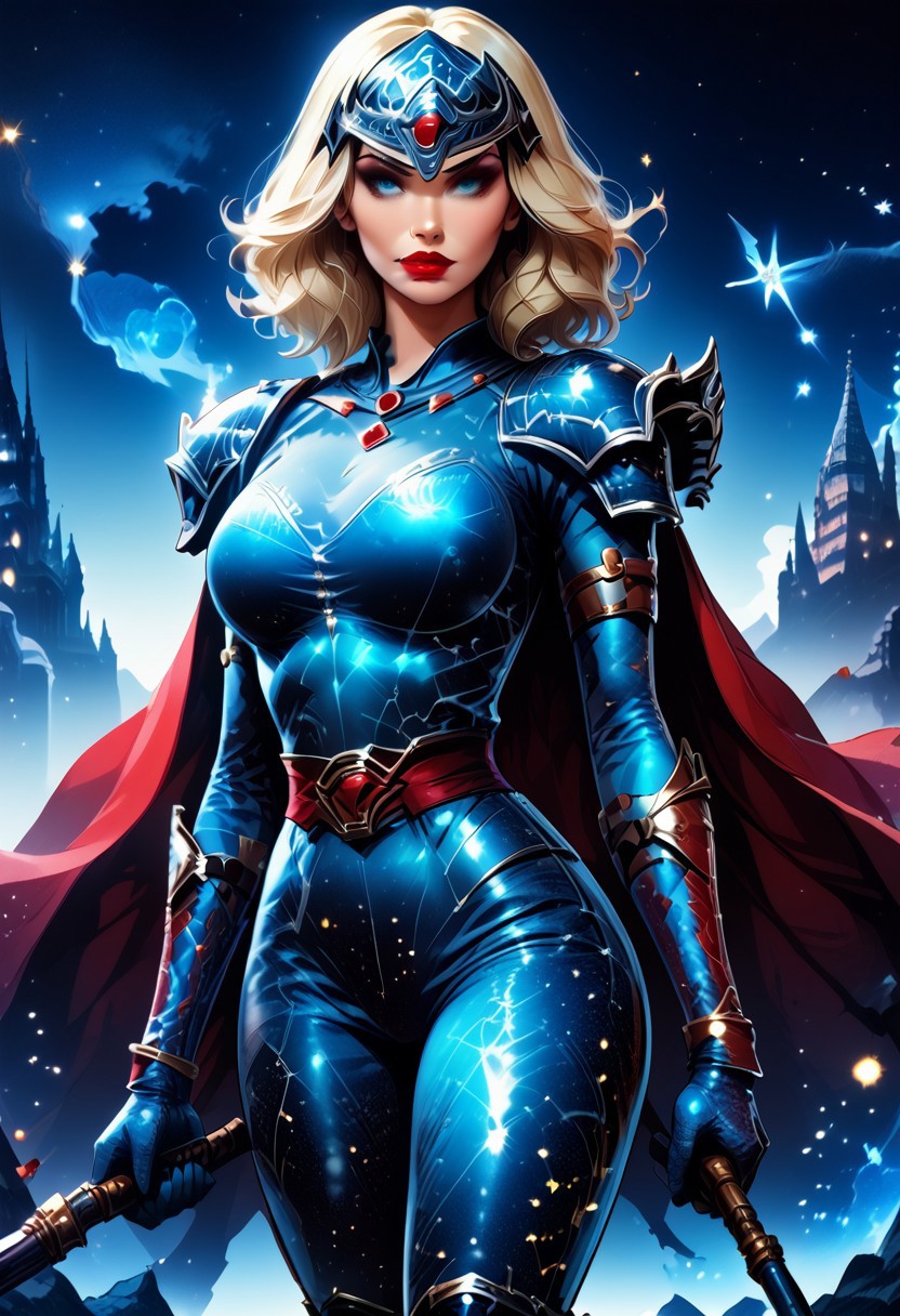 starry_morph, MILF, 32 years old, blonde hair, black leather vampire cape, sloppy wavy hair, sexy red boots, revealing outfit, red lips, mascara, eyelashes, hourglass figure, strong, big blue eyes, seductive, mature female, m1lfm3t3r, anezaki mamori, masterpiece, highest quality, realistic skin texture:1.5, high, tear shaped boobs, drow ranger, drow ranger \(dota2\), Masterpiece, 32k, photorealistic:1.4, score_9, score_8_up, score_7_up, huge boobs, small waist, wide hips, high cheekbones, oval face, slim waist, wide hips, thick thighs, full hips, DARK SIDE \(PICTURE BOOK\), NO FACE, colorful background, vivid colors, volumetric light, cinematic light, extremely detailed, bgbrda, top, bodysuit, helmet, armlet, bracelet, gloves, chainmail, skirt, boots, holding weapon, holding rod.