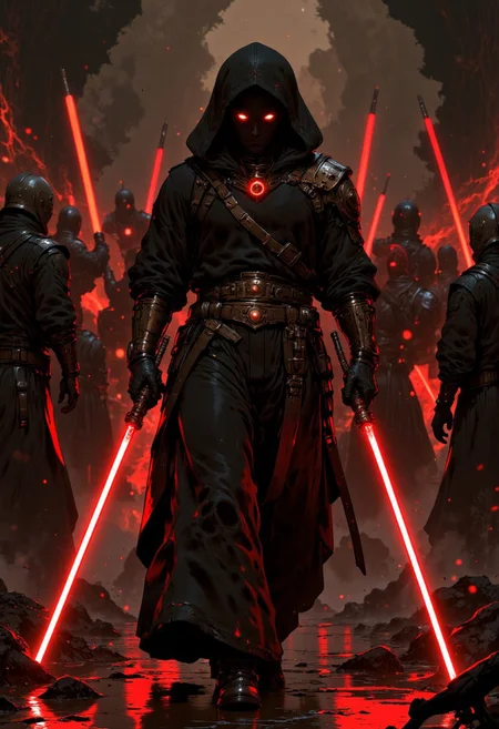 photorealistic, film grain, candid camera, color graded cinematic, eye catchlights, atmospheric lighting, macro shot, natural, shallow dof, sith lord, sith warrior, sith outfit, hood, gold glowing eyes, dual wielding lightsabers, red lightsabers, walking towards viewer, battlefield, scary battered clothes. High-res, semi realistic, best quality, intricate details, ultra details, good lighting, vibrant colors, very detailed, octane render, ray tracing. mythp0rt