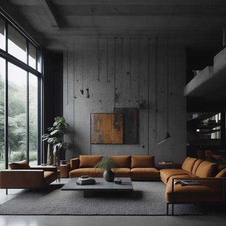 <lyco:brutalism style interior design:1.0> brutalist design of living room
