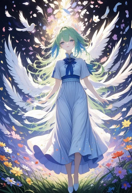 colorful, field, flower, flower field, flying, grass, green flower, green hair, holding, holding flower, pale skin, scenery, white flower, dre, blue dress, petals, wings, short sleeves, bird, floating, falling petals, black background, masterpiece, best quality, newest, very awa