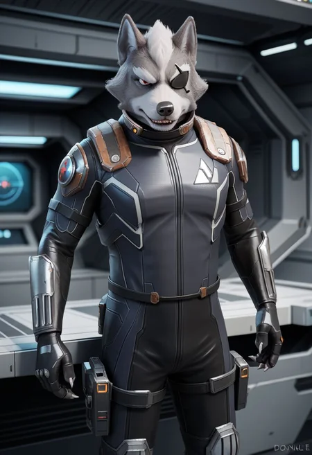 score_9, score_8_up, science fiction, exploration bodysuit, solo, Wolf o'donnell, in spaceship