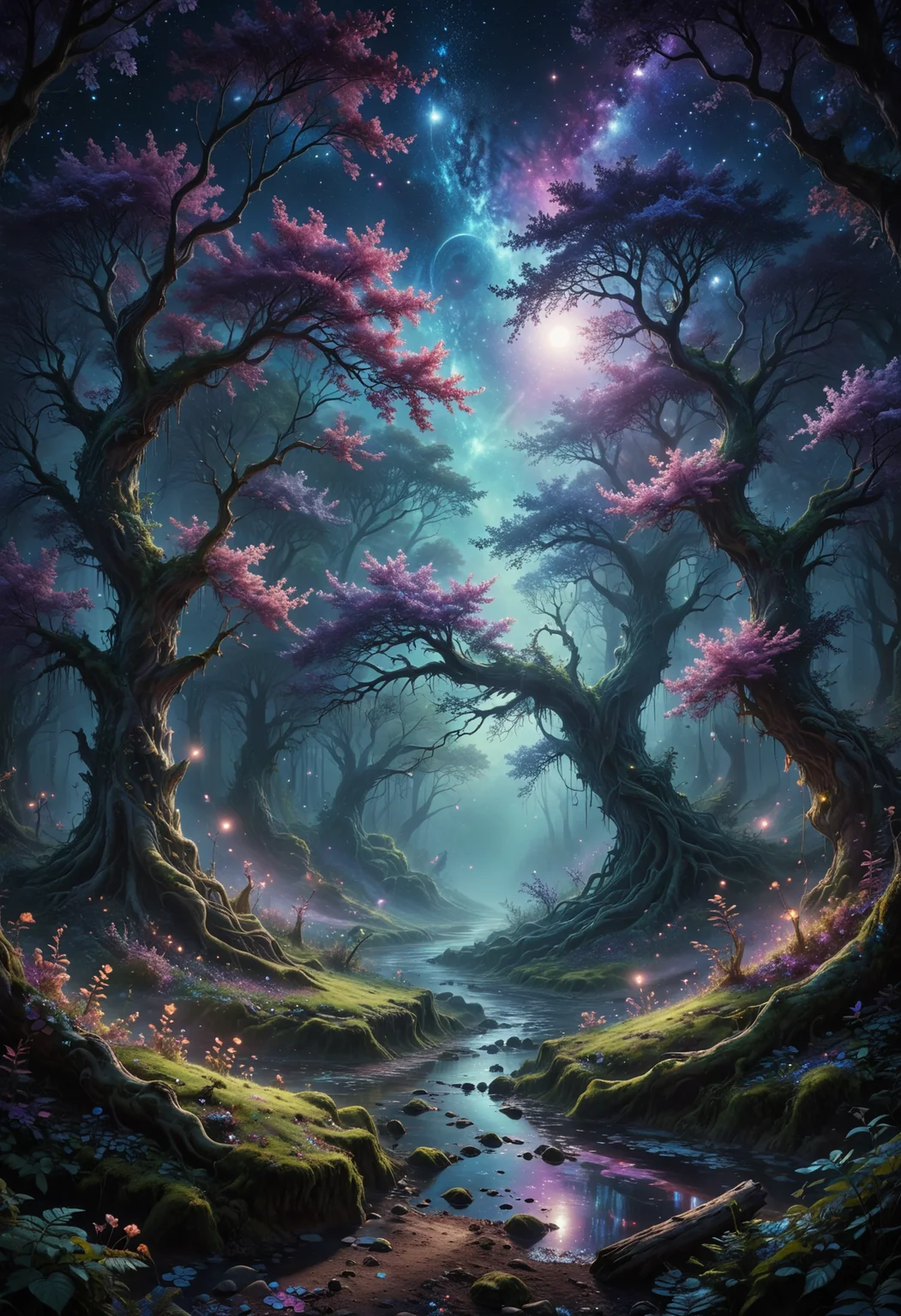 high quality, 8K Ultra HD, In "Celestial Dreamscape," the canvas bursts with ethereal colors that seem to defy the laws of nature, The sky is a mesmerizing blend of deep indigo and shimmering hues of violet, as though it holds secrets from distant galaxies, A cascade of celestial bodies, including otherworldly planets and iridescent moons, orbits in a cosmic dance, casting a soft glow upon the dreamlike landscape, The foreground reveals an enchanted forest, where trees are adorned with phosphorescent leaves that emit a gentle, soothing light. The trunks of these mystical trees twist and intertwine, creating archways that beckon viewers to explore the hidden realms beyond, Small, luminescent creatures flit between the branches, leaving trails of stardust in their wake, by VelvetS, high detailed,
<lora:add-detail-xl:0.35> <lora:MJ52:0.18> <lora:ral-anmwrlds-sdxl:0.3> ral-anmwrlds <lora:ral-porcelain:0.4> ral-porcelain <lora:ral-cltc:0.1> ral-cltc <lora:ral-dissolve:0.25> ral-dissolve <lora:zavy-mthcl-sdxl:0.2> <lora:SDXLFaeTastic2400:0.2> <lora:WildcardX-XL-Detail-Enhancer:0.5>