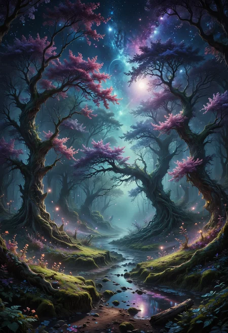 high quality, 8K Ultra HD, In "Celestial Dreamscape," the canvas bursts with ethereal colors that seem to defy the laws of nature, The sky is a mesmerizing blend of deep indigo and shimmering hues of violet, as though it holds secrets from distant galaxies, A cascade of celestial bodies, including otherworldly planets and iridescent moons, orbits in a cosmic dance, casting a soft glow upon the dreamlike landscape, The foreground reveals an enchanted forest, where trees are adorned with phosphorescent leaves that emit a gentle, soothing light. The trunks of these mystical trees twist and intertwine, creating archways that beckon viewers to explore the hidden realms beyond, Small, luminescent creatures flit between the branches, leaving trails of stardust in their wake, by VelvetS, high detailed,
<lora:add-detail-xl:0.35> <lora:MJ52:0.18> <lora:ral-anmwrlds-sdxl:0.3> ral-anmwrlds <lora:ral-porcelain:0.4> ral-porcelain <lora:ral-cltc:0.1> ral-cltc <lora:ral-dissolve:0.25> ral-dissolve <lora:zavy-mthcl-sdxl:0.2> <lora:SDXLFaeTastic2400:0.2>  <lora:WildcardX-XL-Detail-Enhancer:0.5>