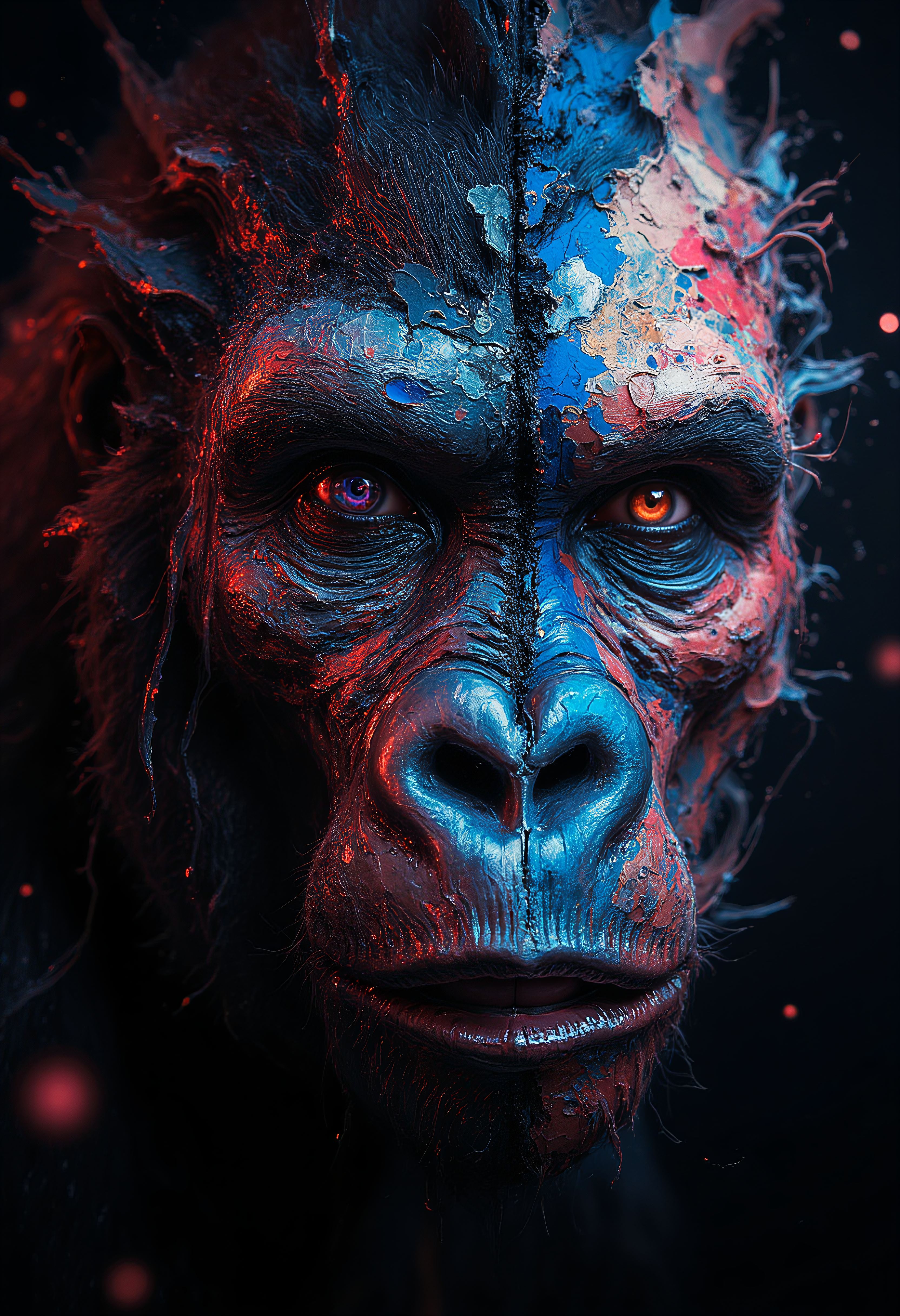 Impasto, Science Fiction, A closeup portrait of a Gorilla face symmetrically divided, one side is a realistic human, the other side is a robot face with high technology visible, variety if emotions, black background, glowing splash art background, vibrant glow, bokeh