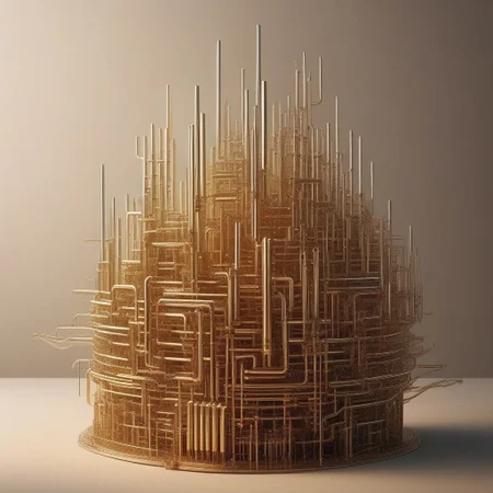 score_9, score_8_up, score_7_up, score_6_up, (qu4ntum style), an Arial view of a city made of (brass pipes) and (silver wires) and gold circuits, , golden hour light, epic lighting, volumetric lighting,