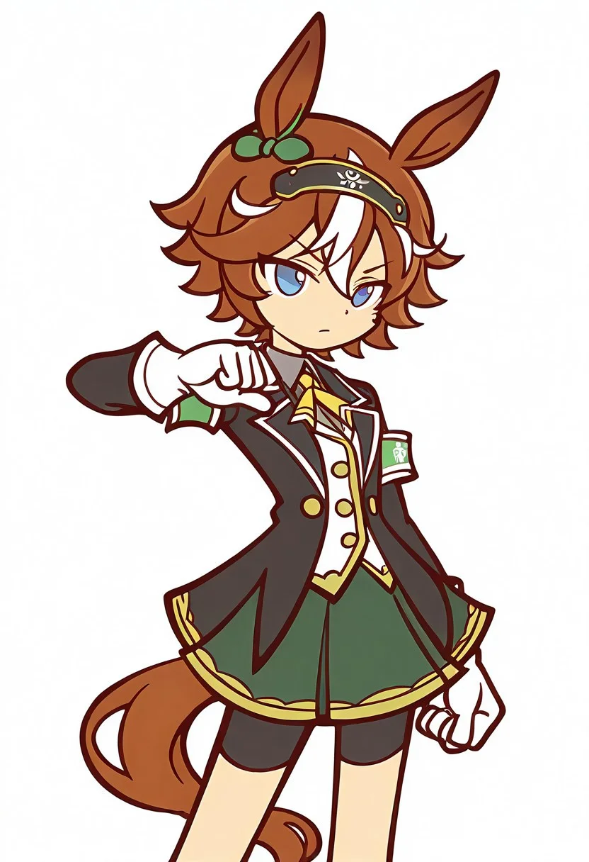 best quality,amazing quality,1girl,(full head visible),
simple background,serious,pose,standing,point,
bamboo memory \(umamusume\),horse tail,(horse ears:1.3),,small breasts,ear bow, hairband, neck ribbon, white vest, grey shirt, collared shirt, open jacket, black jacket, white gloves, armband, long sleeves, green skirt, black shorts, bike shorts,
Puyo Puyo style,Puyo Puyo